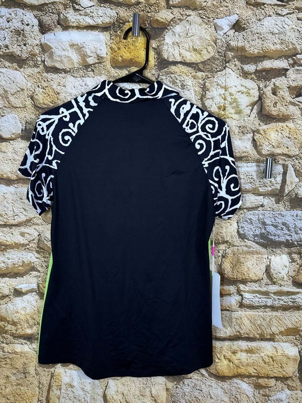 Dolcezza Golf Wear Polo Shirt - Black and White Patterned with Lime Green Trim - Picture 3 of 6